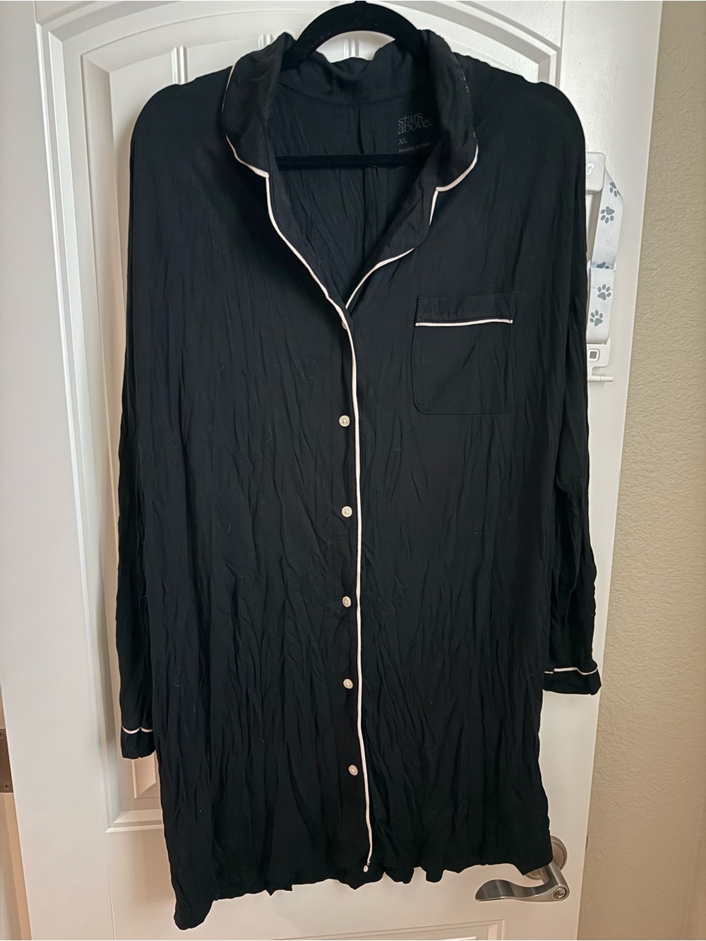 Stars Above Black Long Button-Front Sleep Shirt with White Piping